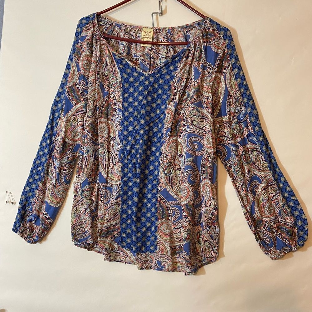 Blue and Brown Paisley Print on Faded Glory Long Sleeve Blouse Size L ( 12-14 )